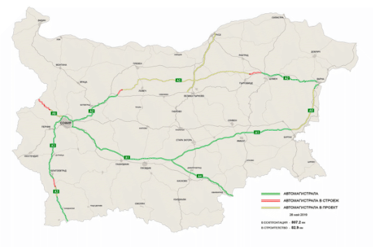 Mapa bulharské sítě dálnic a rychlostních silnic