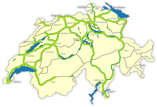 Mapa švýcarské sítě dálnic a rychlostních silnic