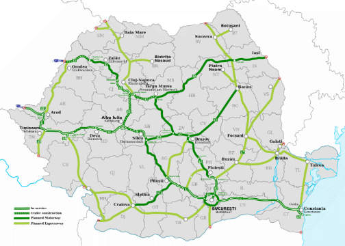 Mapa rumunské sítě dálnic a rychlostních silnic