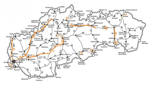 Mapa slovenské sítě dálnic a rychlostních silnic